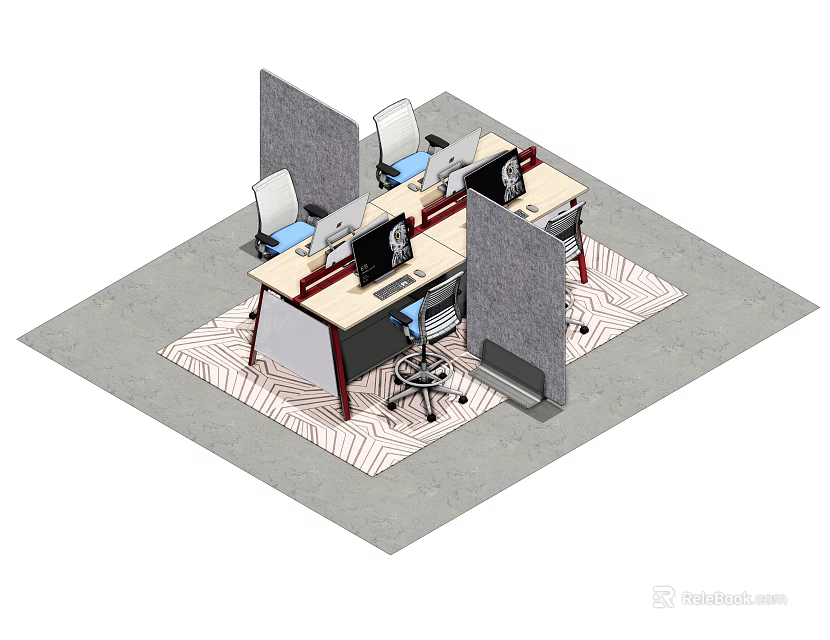 Modern Office Desk Layout With Dividers Office Chairs And Computers On Area Rug 3d model 