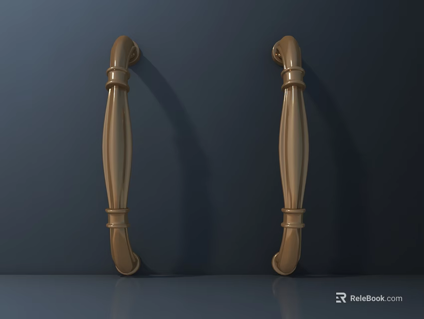 Golden Door Handles In Symmetrical Design On Dark Background 3D Render 3d model 