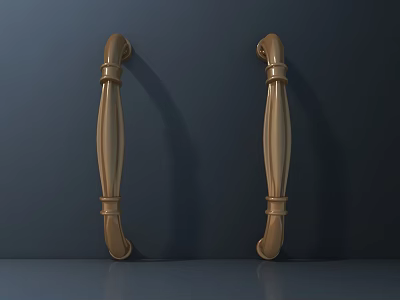 Golden Door Handles In Symmetrical Design On Dark Background 3D Render 3d model