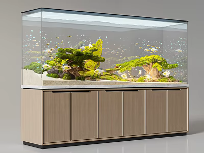 Glass Aquarium Fish Tank With Green Aquatic Plants Fish And Wooden Cabinet Base 3d model