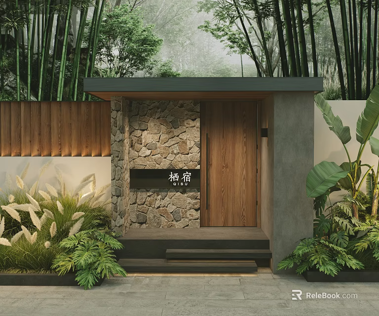 Natural Hotel Entrance With Stone Wall Wooden Door Bamboo Steps And Green Plants 3d model 
