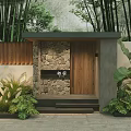 Natural Hotel Entrance With Stone Wall Wooden Door Bamboo Steps And Green Plants