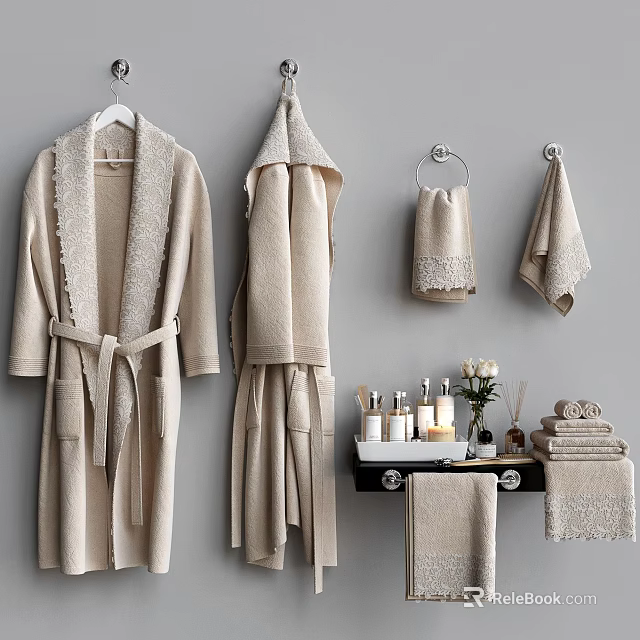Elegant Bathroom Accessories Including Bathrobes Towels Toiletries And Candles 3d model 