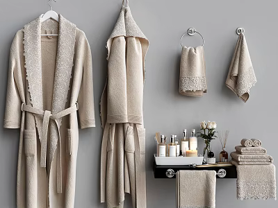 Elegant Bathroom Accessories Including Bathrobes Towels Toiletries And Candles 3d model