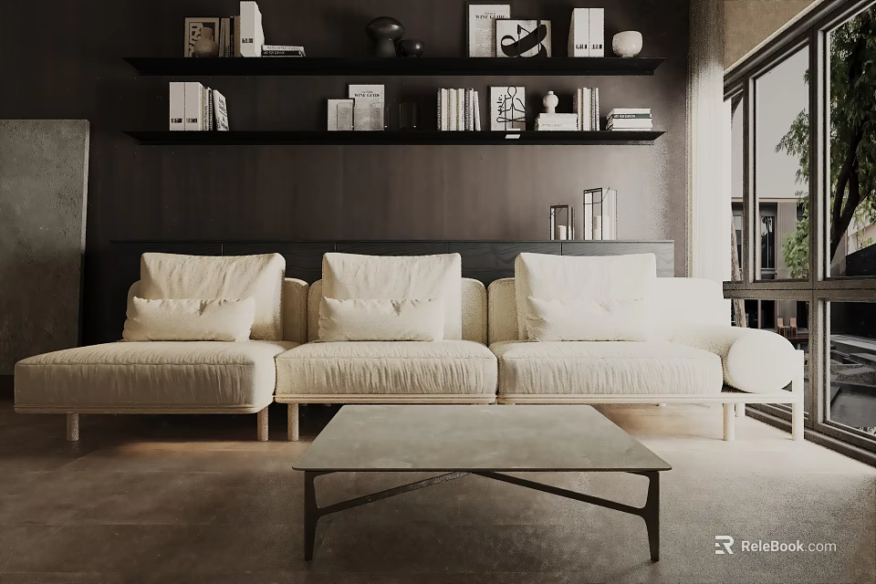 Light Colored Three Seater Sofa With Cushions Coffee Table And Bookshelf In Modern Room 3d model 