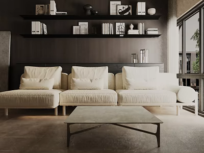 Light Colored Three Seater Sofa With Cushions Coffee Table And Bookshelf In Modern Room 3d model