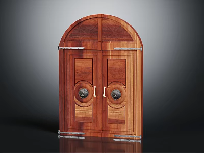 Wooden Double Door With Arched Top And Decorative Metal Accents For Home Entrance 3d model