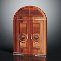 Wooden Double Door With Arched Top And Decorative Metal Accents For Home Entrance