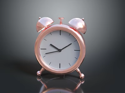 Copper Alarm Clock With Bells White Dial Black Hands And Reflection On Black Background 3d model