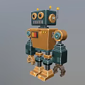Blue Gold Vintage Robot Character With Large Eyes Antennas Mechanical Arms And Tracked Feet
