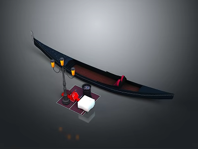 Traditional Black Gondola Water Transport With Wooden Seats And Venetian Street Lamp 3d model