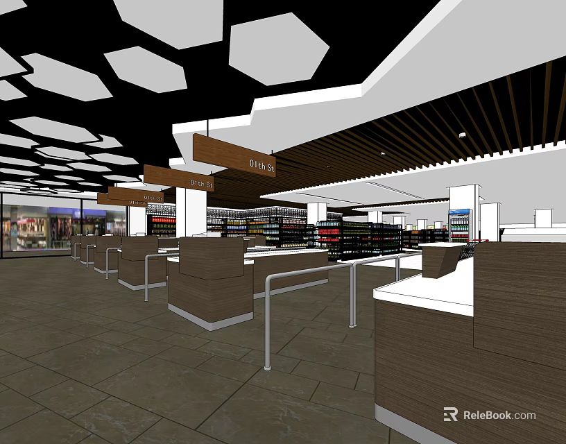 Supermarket Department Store Interior With Open Layout Shelves Checkout Counters And Ceiling Design 3d model 