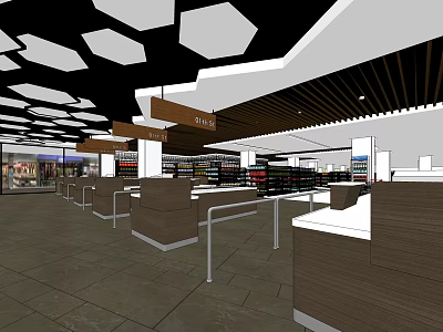 Supermarket Department Store Interior With Open Layout Shelves Checkout Counters And Ceiling Design 3d model