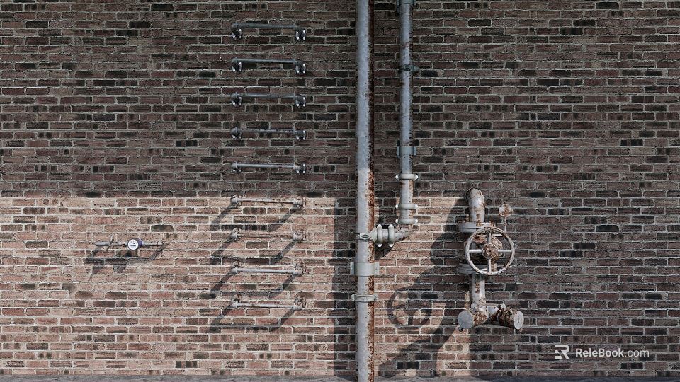 Industrial Pipes Mounted on Exposed Brick Wall with Valves and Metal Fittings 3d model 