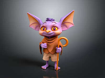 Purple Fantasy Creature with Large Ears Yellow Eyes Brown Scarf Shorts and Crooked Cane 3d model