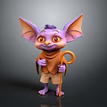 Purple Fantasy Creature with Large Ears Yellow Eyes Brown Scarf Shorts and Crooked Cane