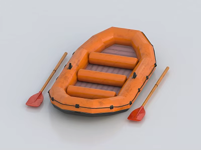 Orange Inflatable Boat With Wooden Paddles And Seats For Water Activities 3d model
