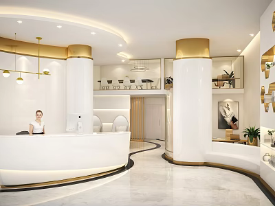 Modern Beauty Hair Salon Interior With White Gold Decor Curved Reception Counter Gold Lighting And Plants 3d model