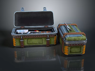 Two Green Toolboxes With Metal Parts Leather Straps And Tools Inside For Household Storage 3d model