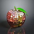 Shiny Mirrored Apple With Green Leaf And Reflective Tile Surface