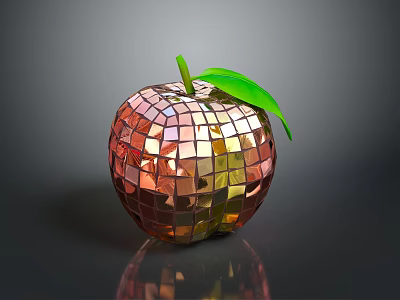 Shiny Mirrored Apple With Green Leaf And Reflective Tile Surface 3d model