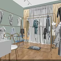 Mall Clothing Store With Elegant Display Clothes Hangers Mirrors Windows Curtains And Wooden Floor
