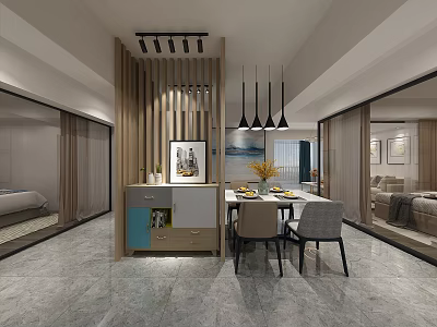 Modern Restaurant Interior With Dining Table Chairs Wooden Partition Pendant Lights And Gray Marble Floor 3d model