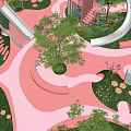 Modern Children's Play Area With Green Trees Slide Colorful Curved Paths And Seats