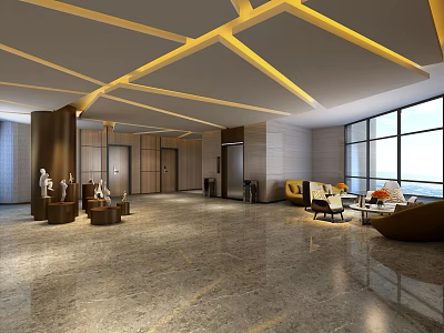 Modern Hotel Public Lounge With Geometric Ceiling Design Marble Flooring And Comfortable Sofas 3d model