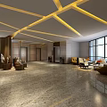 Modern Hotel Public Lounge With Geometric Ceiling Design Marble Flooring And Comfortable Sofas
