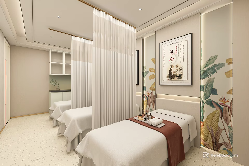 Beauty Salon Treatment Room With White Sheet Beds And Floral Artwork Curtains 3d model 
