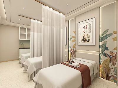 Beauty Salon Treatment Room With White Sheet Beds And Floral Artwork Curtains 3d model