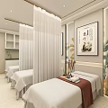 Beauty Salon Treatment Room With White Sheet Beds And Floral Artwork Curtains