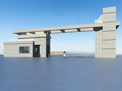 Modern Gray Concrete Entrance Gate With Square Pillars Large Beam And Guard House 3d model