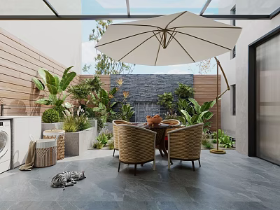 Courtyard Garden Featuring Glass Roof Rattan Dining Set Umbrella Stone Wall And Green Plants 3d model