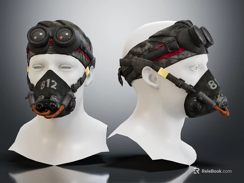 Black Head Mounted Respiratory Masks With Goggles And Breathing Tubes On Mannequins 3d model 