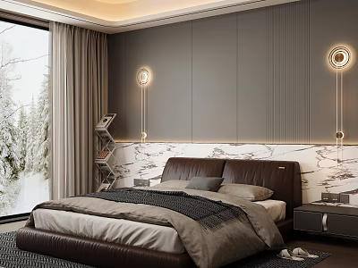 Modern Bedroom Design With Gray Walls Marble Headboard And Round Wall Lights 3d model