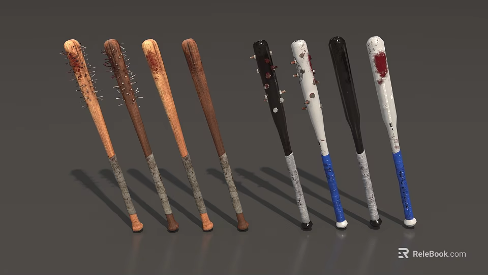 Different Style Weapon Baseball Bats Featuring Nails Blood Stains And Handle Materials 3d model 