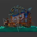 Cartoon Scene With Fish Shaped House Wooden Stairs Lifebuoy And Structure On Water
