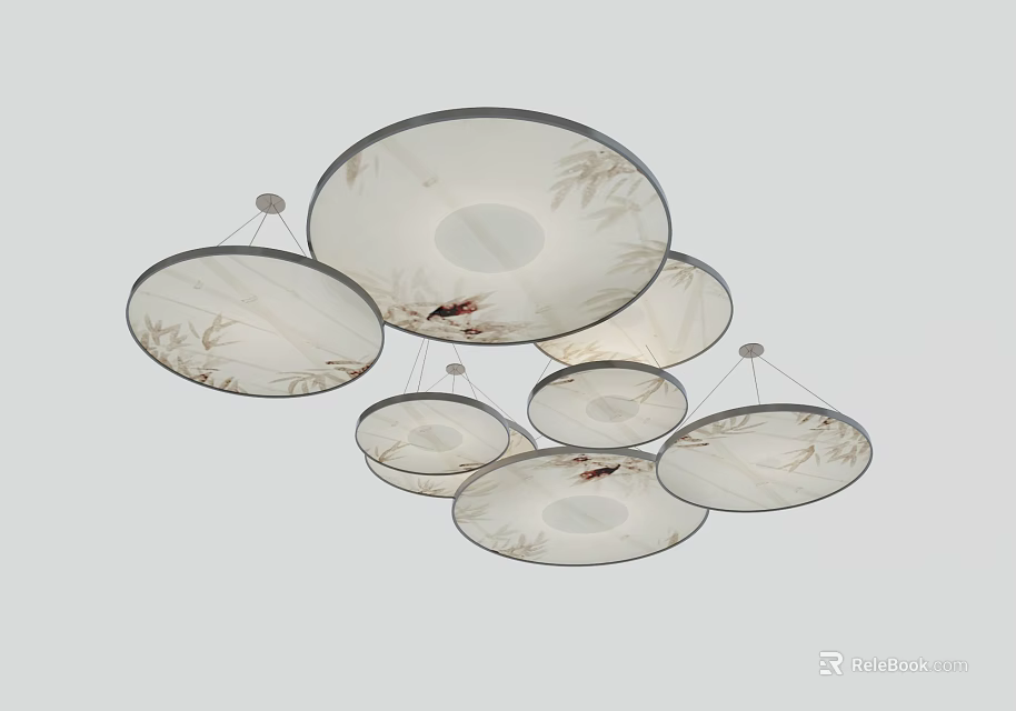 Modern Multiple Circular Chandeliers With Bamboo Pattern And White Fabric Shades 3d model 
