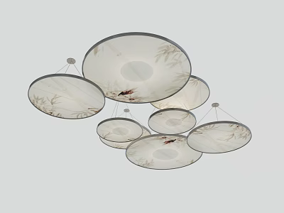 Modern Multiple Circular Chandeliers With Bamboo Pattern And White Fabric Shades 3d model