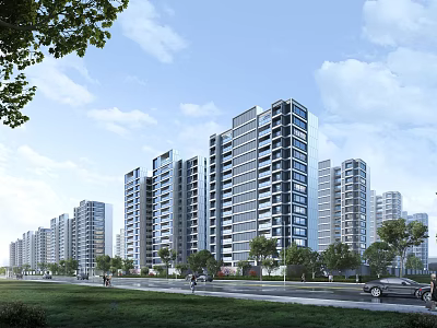Modern High Rise Residential Buildings With Green Landscaped Surroundings And Urban View 3d model