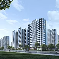 Modern High Rise Residential Buildings With Green Landscaped Surroundings And Urban View