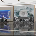Modern Sales Office Interior With Reception Desk Mountain Landscape Painting Marble Floor And Chandeliers