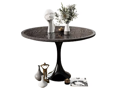 Round Wooden Dining Table with White Sculpture Green Plant Vase and Decorative Vases Gold Ornament 3d model