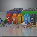 Various Colored Recycling Bins And Household Waste Sorting Items Including Plastics And Food Scraps