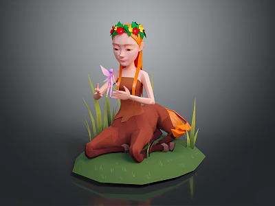 Cartoon Game Movie Character With Orange Hair Flower Crown Sitting on Grass Holding Pink Pinwheel 3d model