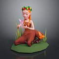 Cartoon Game Movie Character With Orange Hair Flower Crown Sitting on Grass Holding Pink Pinwheel
