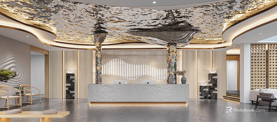 Hotel Lobby Interior With Luxurious Ceiling Design Reception Desk And Decorative Columns 3d model