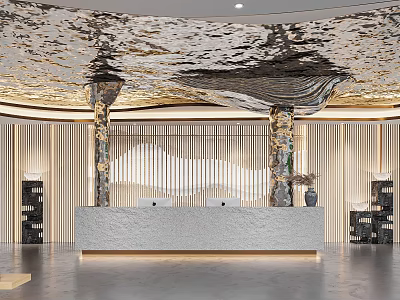 Hotel Lobby Interior With Luxurious Ceiling Design Reception Desk And Decorative Columns 3d model